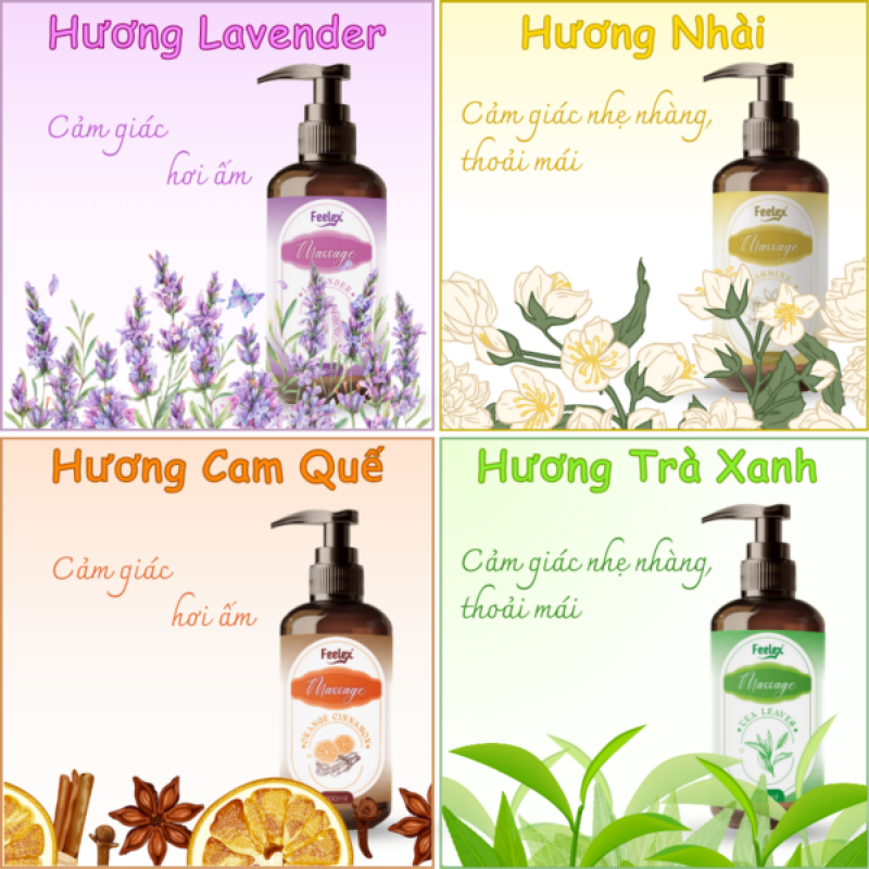 Dầu massage body Feelex nhiều mùi hương – 300ml