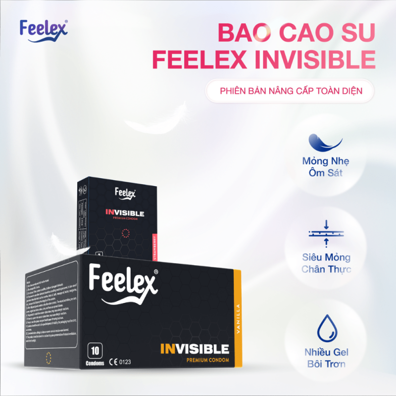 Bao cao su Feelex Invisible siêu mỏng, nhiều gel - Hộp 10 cái