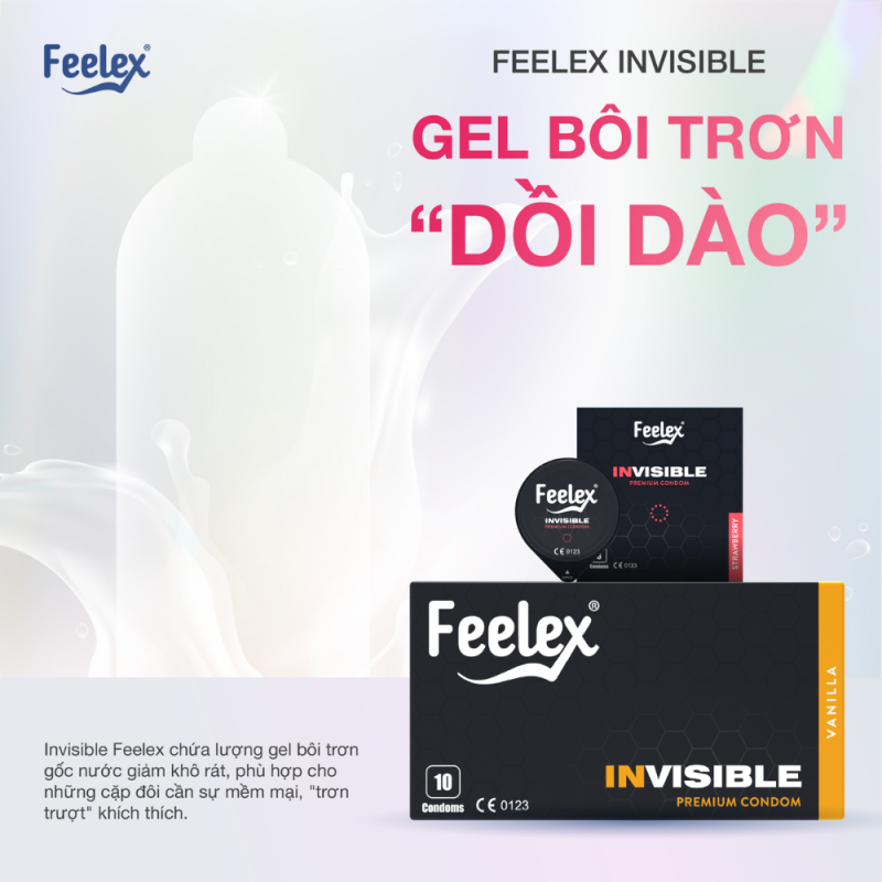 Bao cao su Feelex Invisible siêu mỏng, nhiều gel - Hộp 10 cái