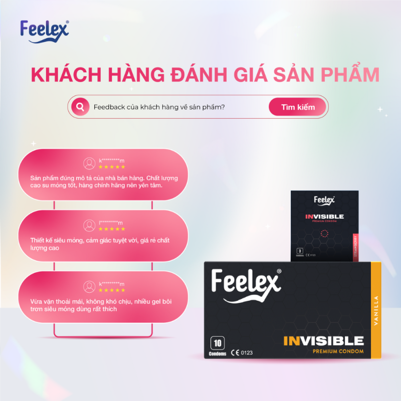 Bao cao su Feelex Invisible siêu mỏng, nhiều gel - Hộp 10 cái